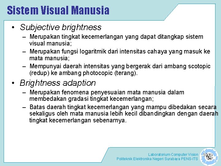 Sistem Visual Manusia • Subjective brightness – Merupakan tingkat kecemerlangan yang dapat ditangkap sistem