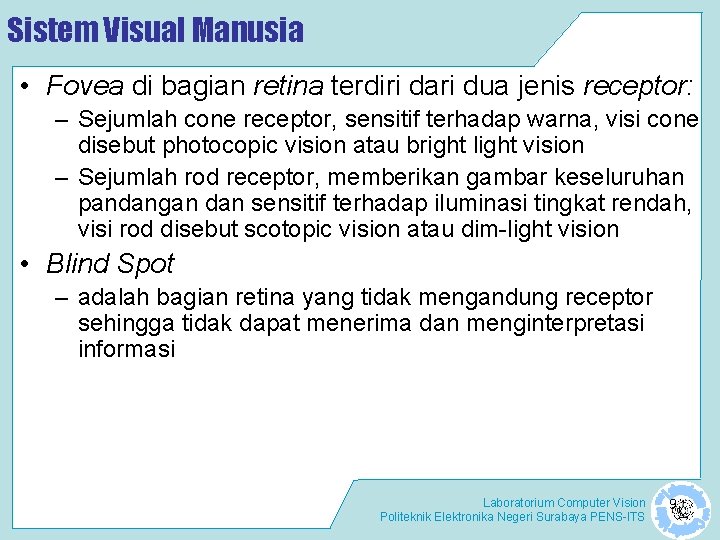 Sistem Visual Manusia • Fovea di bagian retina terdiri dari dua jenis receptor: –