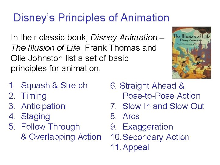 Disney’s Principles of Animation In their classic book, Disney Animation – The Illusion of