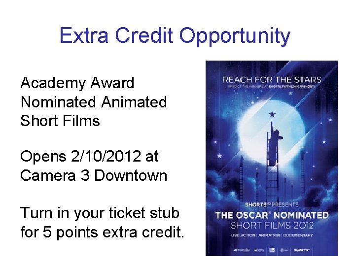 Extra Credit Opportunity Academy Award Nominated Animated Short Films Opens 2/10/2012 at Camera 3