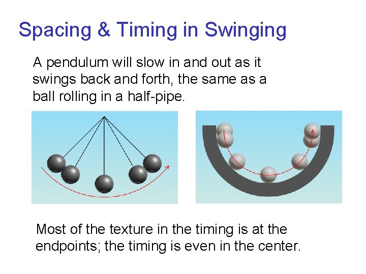 Spacing & Timing in Swinging A pendulum will slow in and out as it