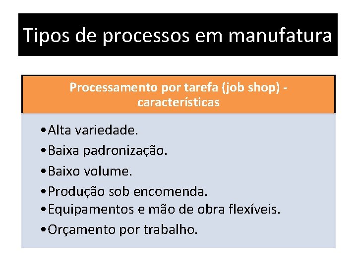 Tipos de processos em manufatura Processamento por tarefa (job shop) características • Alta variedade.