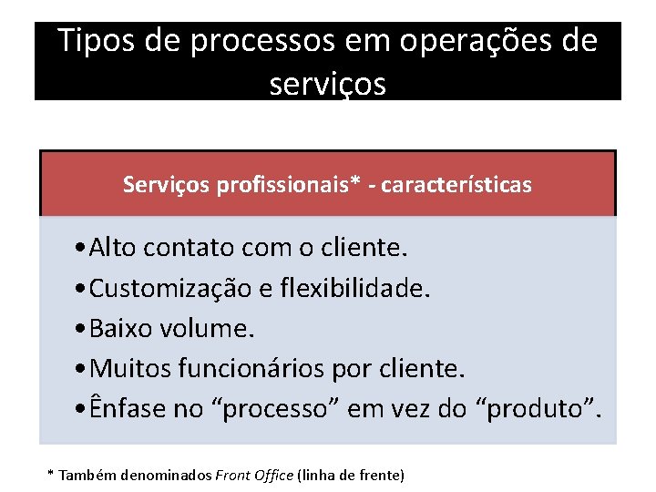 Tipos de processos em operações de serviços Serviços profissionais* - características • Alto contato