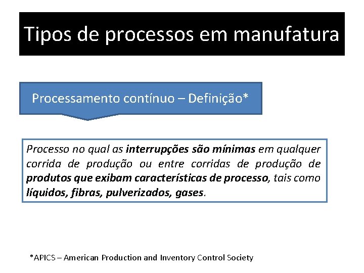 Tipos de processos em manufatura Processamento contínuo – Definição* Processo no qual as interrupções