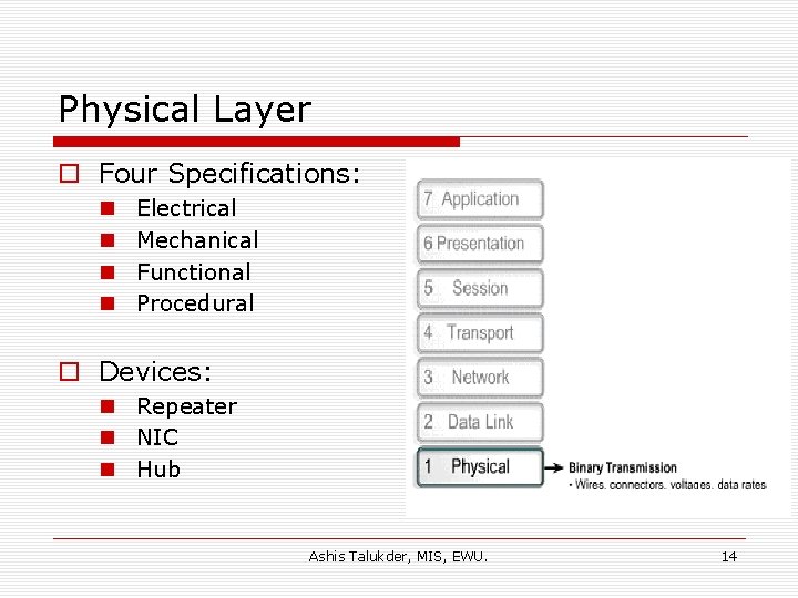 Physical Layer o Four Specifications: n n Electrical Mechanical Functional Procedural o Devices: n