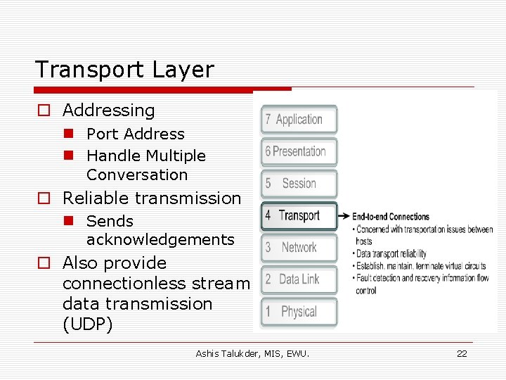 Transport Layer o Addressing n Port Address n Handle Multiple Conversation o Reliable transmission