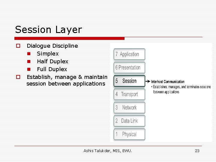 Session Layer o o Dialogue Discipline n Simplex n Half Duplex n Full Duplex