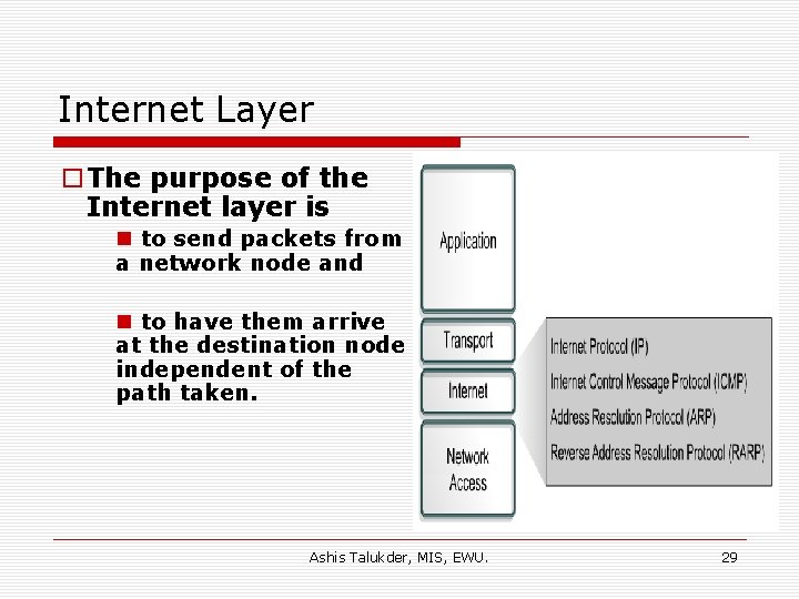 Internet Layer o The purpose of the Internet layer is n to send packets