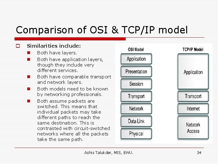 Comparison of OSI & TCP/IP model o Similarities include: n Both have layers. n