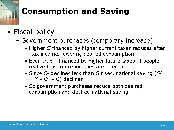 Consumption and Saving • Fiscal policy – Government purchases (temporary increase) • Higher G