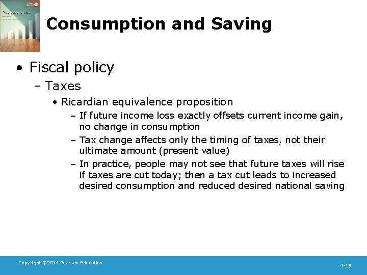 Consumption and Saving • Fiscal policy – Taxes • Ricardian equivalence proposition – If