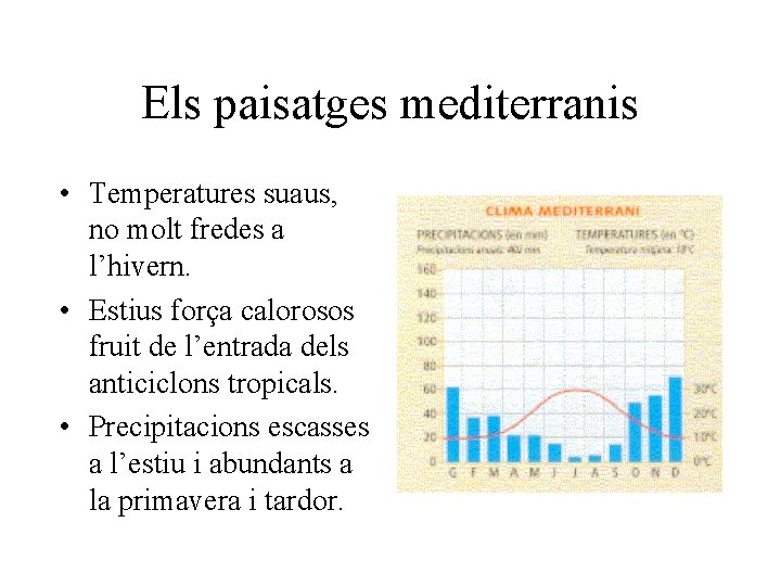 Els paisatges mediterranis • Temperatures suaus, no molt fredes a l’hivern. • Estius força