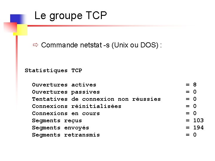 Le groupe TCP ð Commande netstat -s (Unix ou DOS) : Statistiques TCP Ouvertures