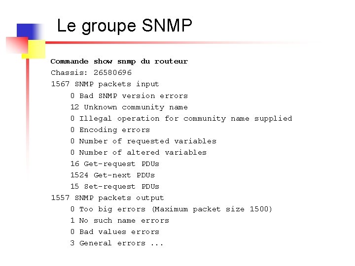 Le groupe SNMP Commande show snmp du routeur Chassis: 26580696 1567 SNMP packets input