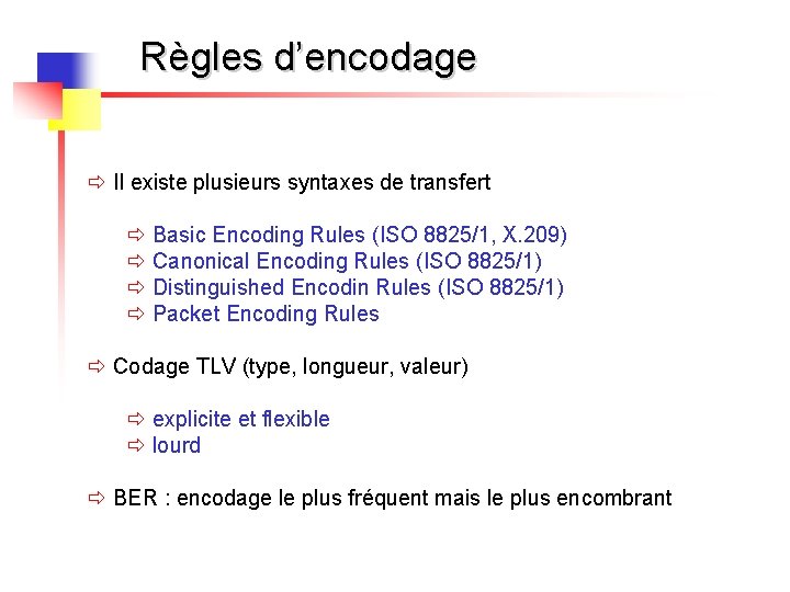 Règles d’encodage ð Il existe plusieurs syntaxes de transfert ð Basic Encoding Rules (ISO