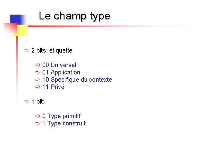 Le champ type ð 2 bits: étiquette ð 00 Universel ð 01 Application ð