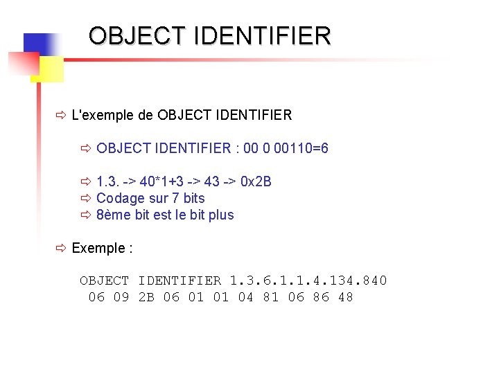 OBJECT IDENTIFIER ð L'exemple de OBJECT IDENTIFIER ð OBJECT IDENTIFIER : 00 0 00110=6