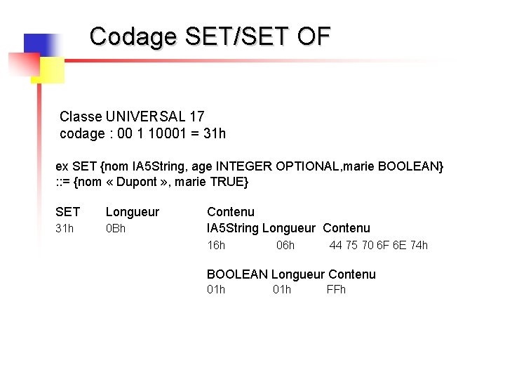 Codage SET/SET OF Classe UNIVERSAL 17 codage : 00 1 10001 = 31 h
