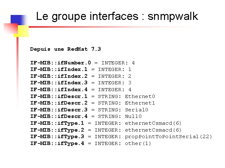 Le groupe interfaces : snmpwalk Depuis une Red. Hat 7. 3 IF-MIB: : if.