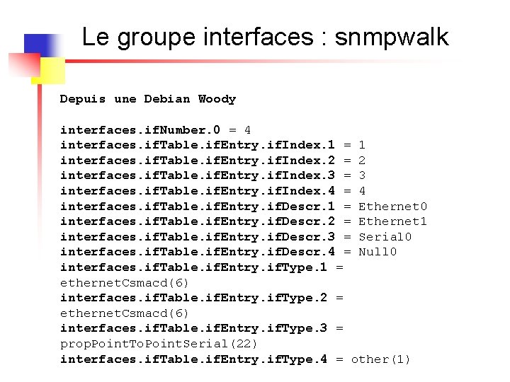 Le groupe interfaces : snmpwalk Depuis une Debian Woody interfaces. if. Number. 0 = Le groupe interfaces : snmpwalk Depuis une Debian Woody interfaces. if. Number. 0 =