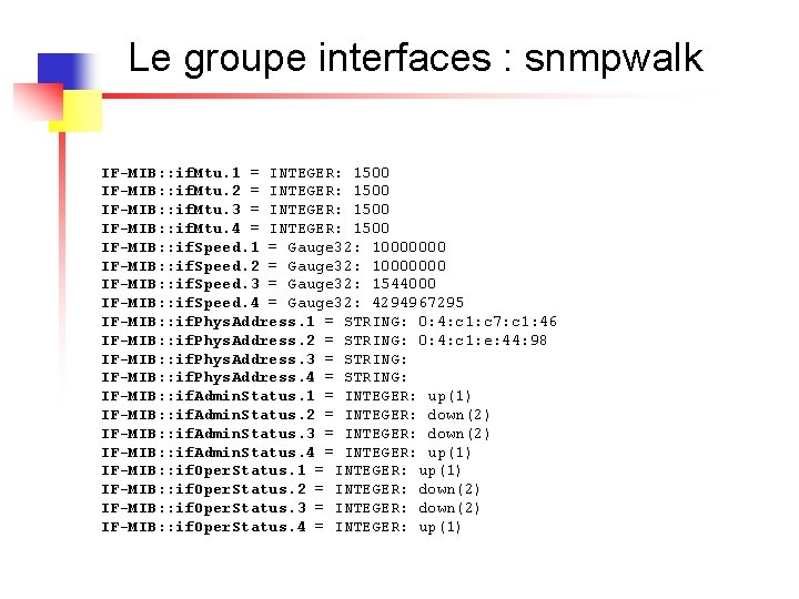 Le groupe interfaces : snmpwalk IF-MIB: : if. Mtu. 1 = INTEGER: 1500 IF-MIB: