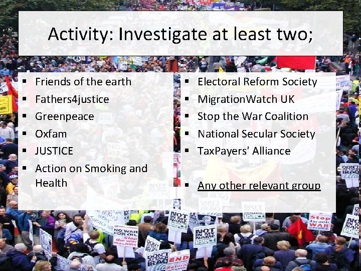 Activity: Investigate at least two; § § § Friends of the earth Fathers 4