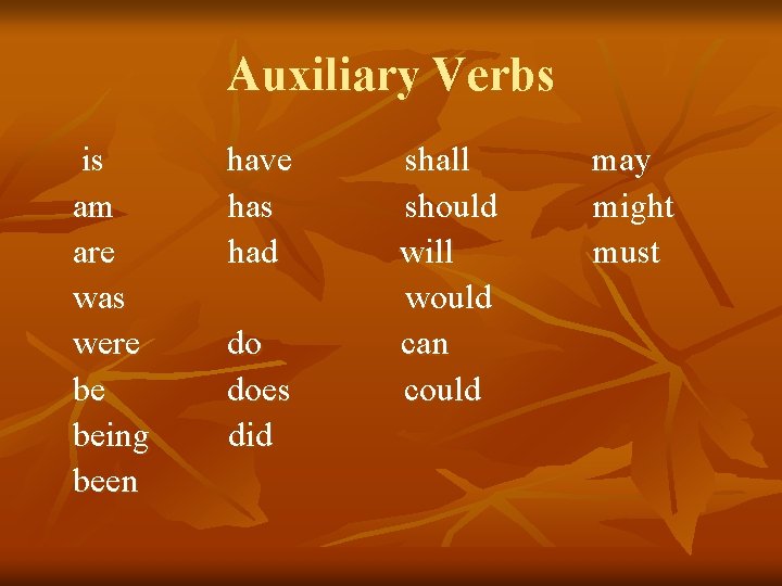 Auxiliary Verbs is am are was were be being been have has had do