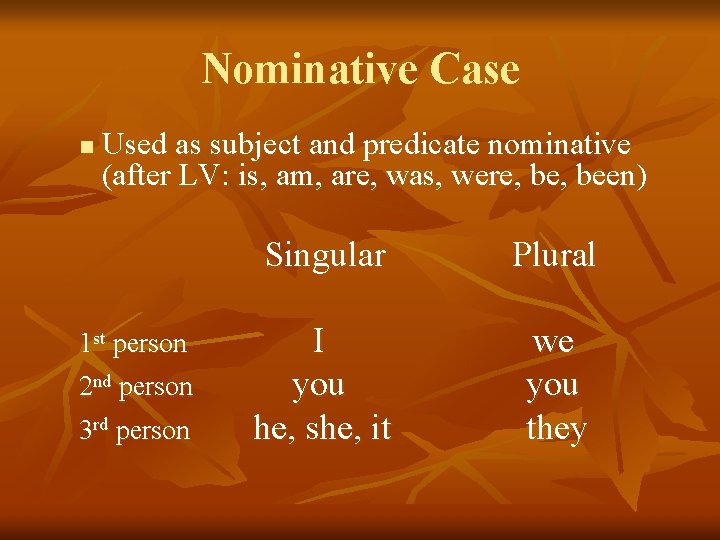 Nominative Case n Used as subject and predicate nominative (after LV: is, am, are,