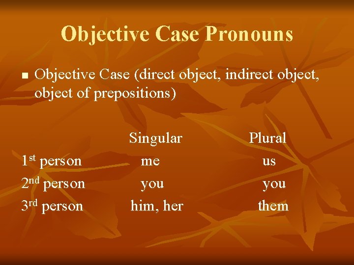 Objective Case Pronouns n Objective Case (direct object, indirect object, object of prepositions) 1