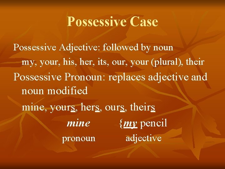 Possessive Case Possessive Adjective: followed by noun my, your, his, her, its, our, your