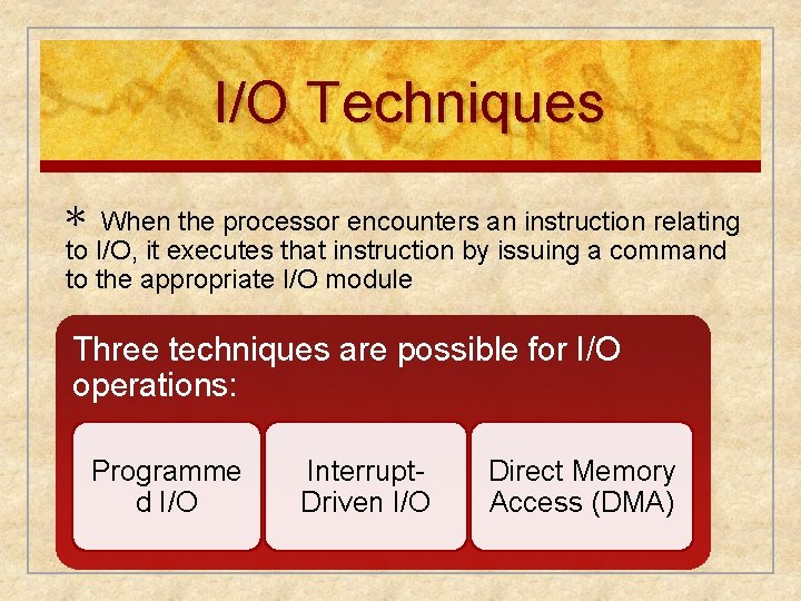 I/O Techniques ∗ When the processor encounters an instruction relating to I/O, it executes