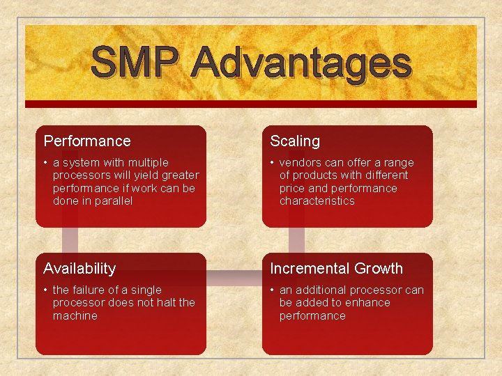 SMP Advantages Performance Scaling • a system with multiple processors will yield greater performance