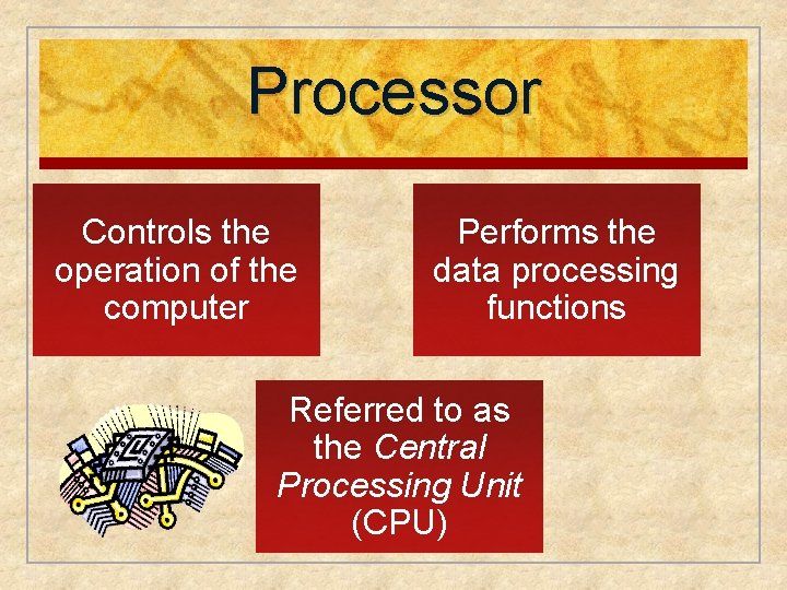 Processor Controls the operation of the computer Performs the data processing functions Referred to