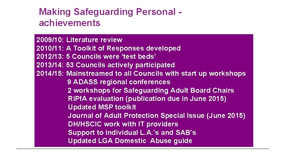 Making Safeguarding Personal achievements 2009/10: Literature review 2010/11: A Toolkit of Responses developed 2012/13: