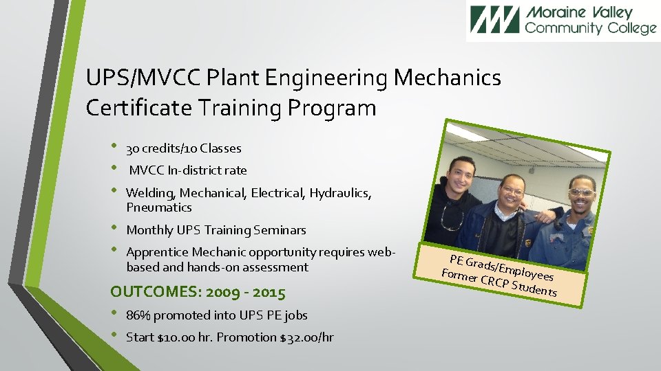 UPS/MVCC Plant Engineering Mechanics Certificate Training Program • • • 30 credits/10 Classes •