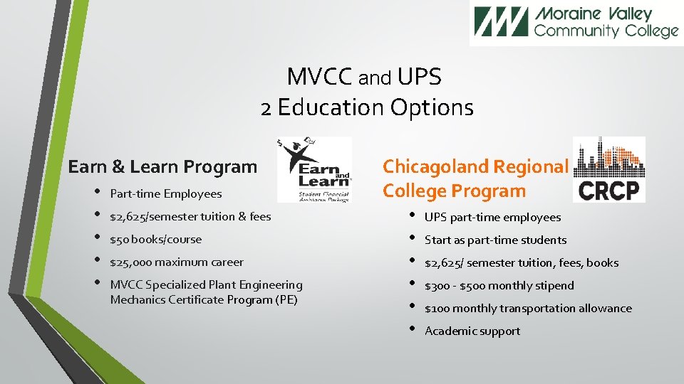 MVCC and UPS 2 Education Options Earn & Learn Program • Part-time Employees •