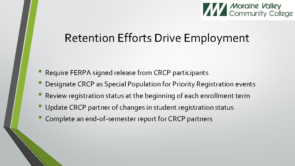 Retention Efforts Drive Employment • Require FERPA signed release from CRCP participants • Designate
