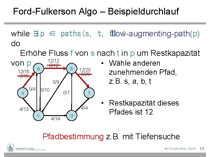 Ford-Fulkerson Algo – Beispieldurchlauf while ∃p ∈ paths(s, t, G) flow-augmenting-path(p) : do Erhöhe