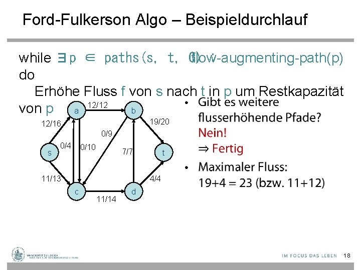 Ford-Fulkerson Algo – Beispieldurchlauf while ∃p ∈ paths(s, t, G) flow-augmenting-path(p) : do Erhöhe