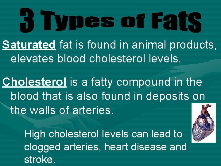 Saturated fat is found in animal products, elevates blood cholesterol levels. Cholesterol is a