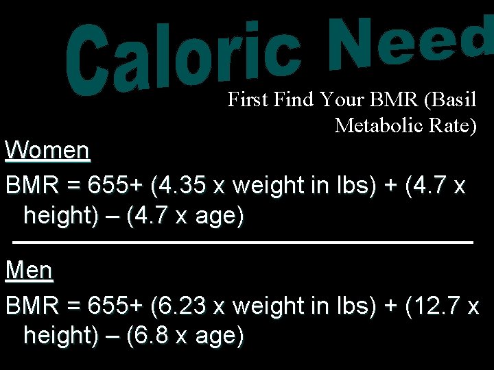 First Find Your BMR (Basil Metabolic Rate) Women BMR = 655+ (4. 35 x