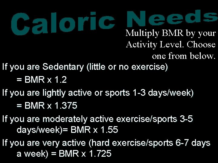 Multiply BMR by your Activity Level. Choose one from below. If you are Sedentary