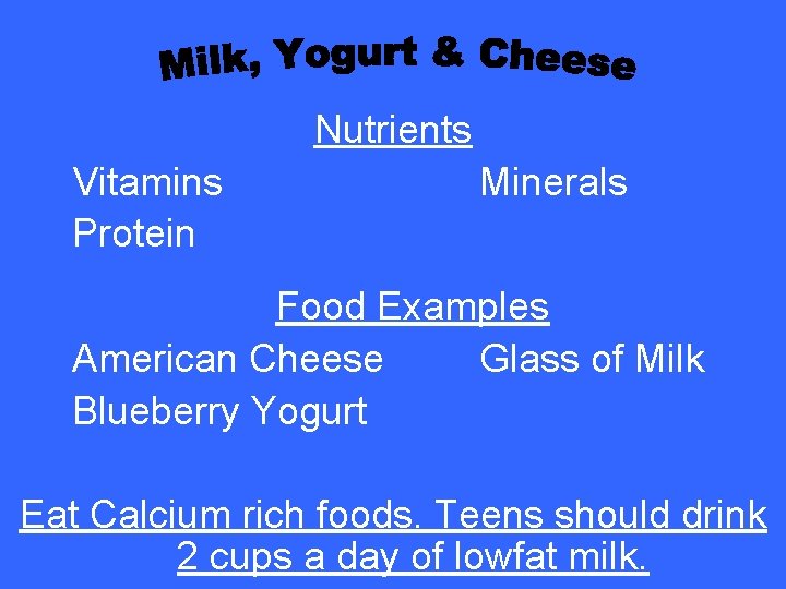 Nutrients Vitamins Protein Minerals Food Examples American Cheese Glass of Milk Blueberry Yogurt Eat