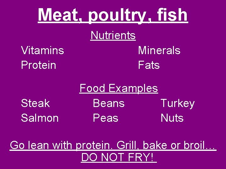 Meat, poultry, fish Nutrients Vitamins Protein Steak Salmon Minerals Fats Food Examples Beans Turkey