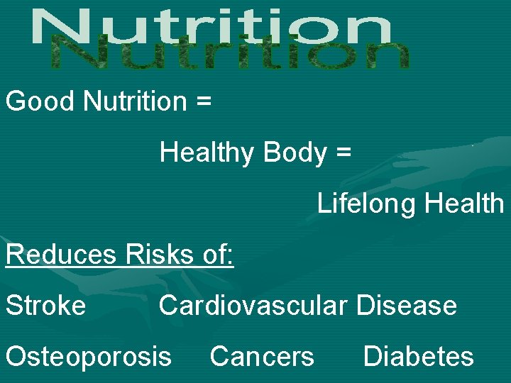 Good Nutrition = Healthy Body = Lifelong Health Reduces Risks of: Stroke Cardiovascular Disease