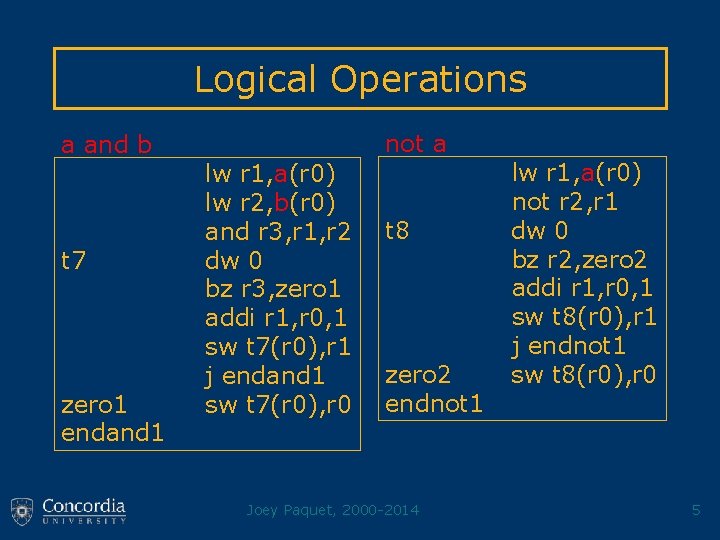 Logical Operations a and b t 7 zero 1 endand 1 not a lw