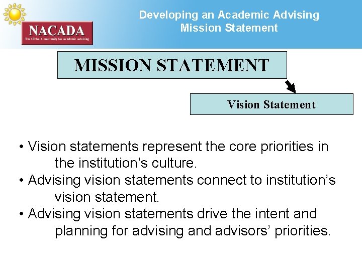 Developing an Academic Advising Mission Statement MISSION STATEMENT Vision Statement • Vision statements represent