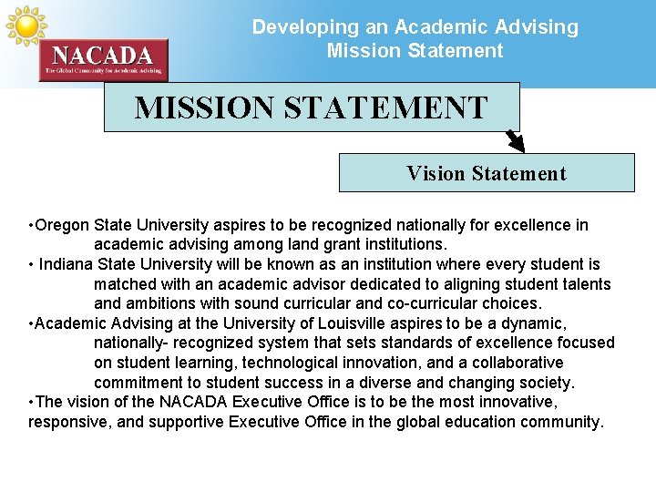 Developing an Academic Advising Mission Statement MISSION STATEMENT Vision Statement • Oregon State University