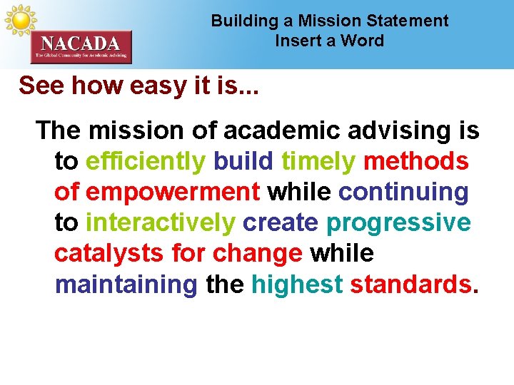 Building a Mission Statement Insert a Word See how easy it is. . .