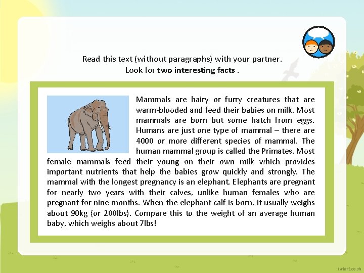 Read this text (without paragraphs) with your partner. Look for two interesting facts. Mammals Read this text (without paragraphs) with your partner. Look for two interesting facts. Mammals